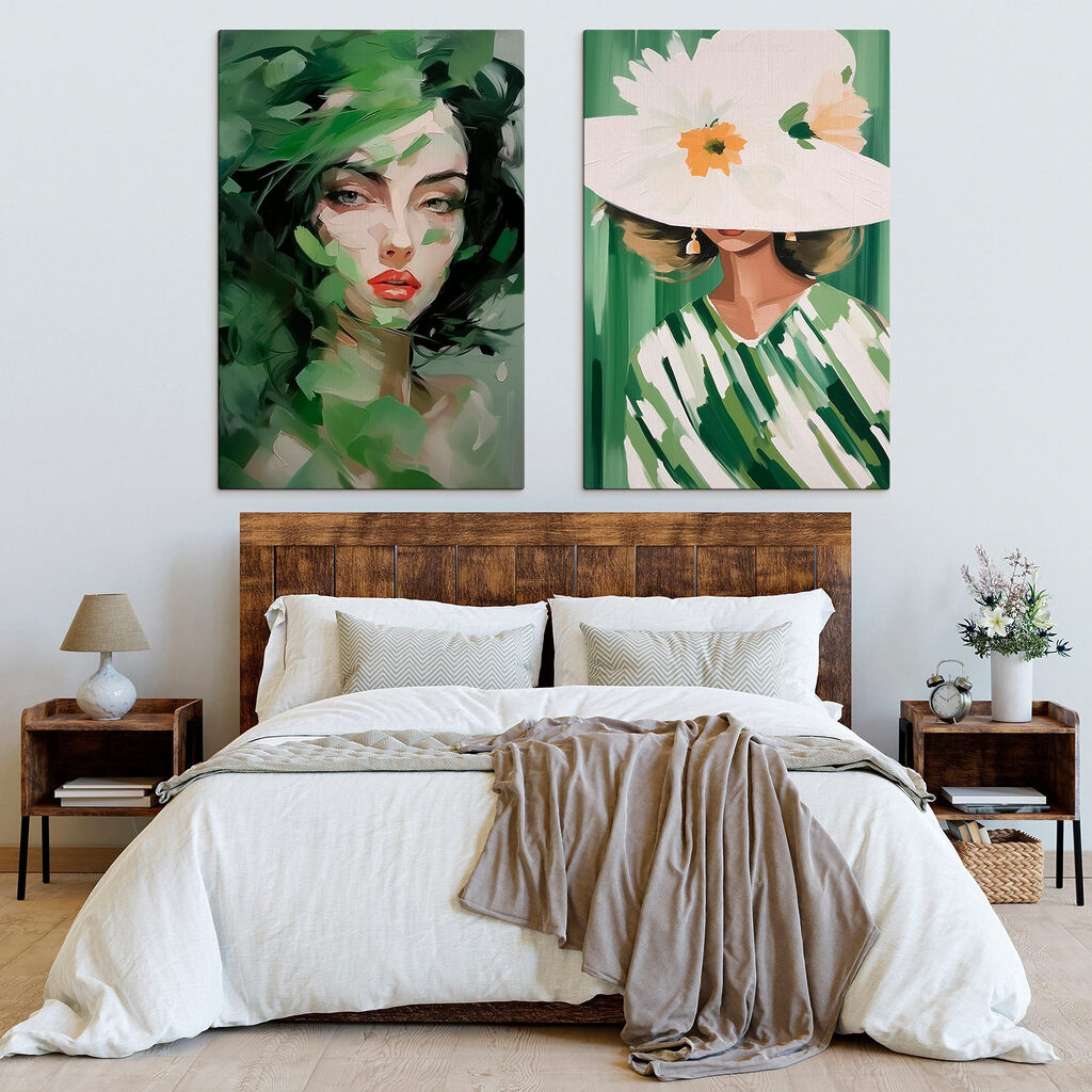 Two pictures of women with leaves