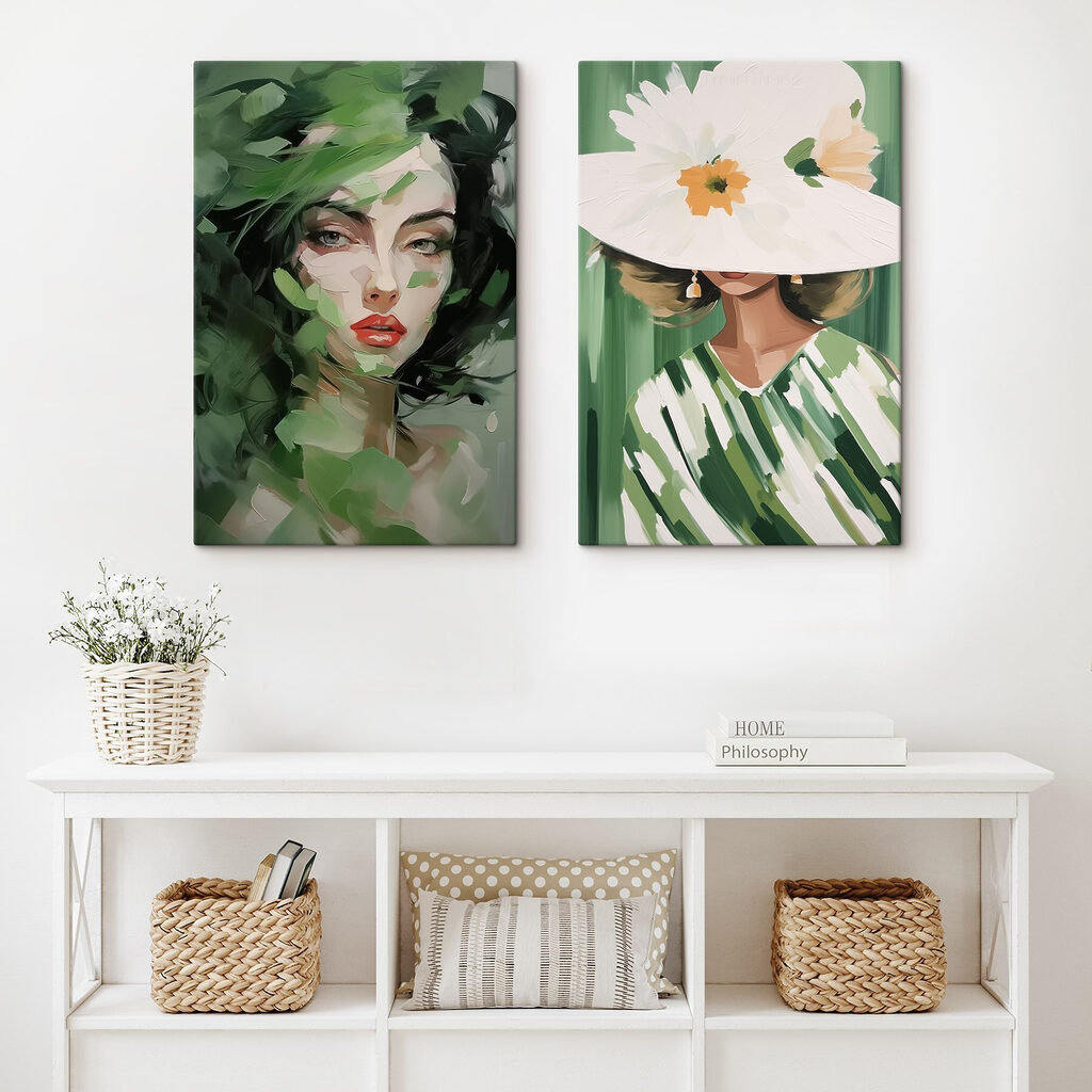 Two pictures of women with leaves