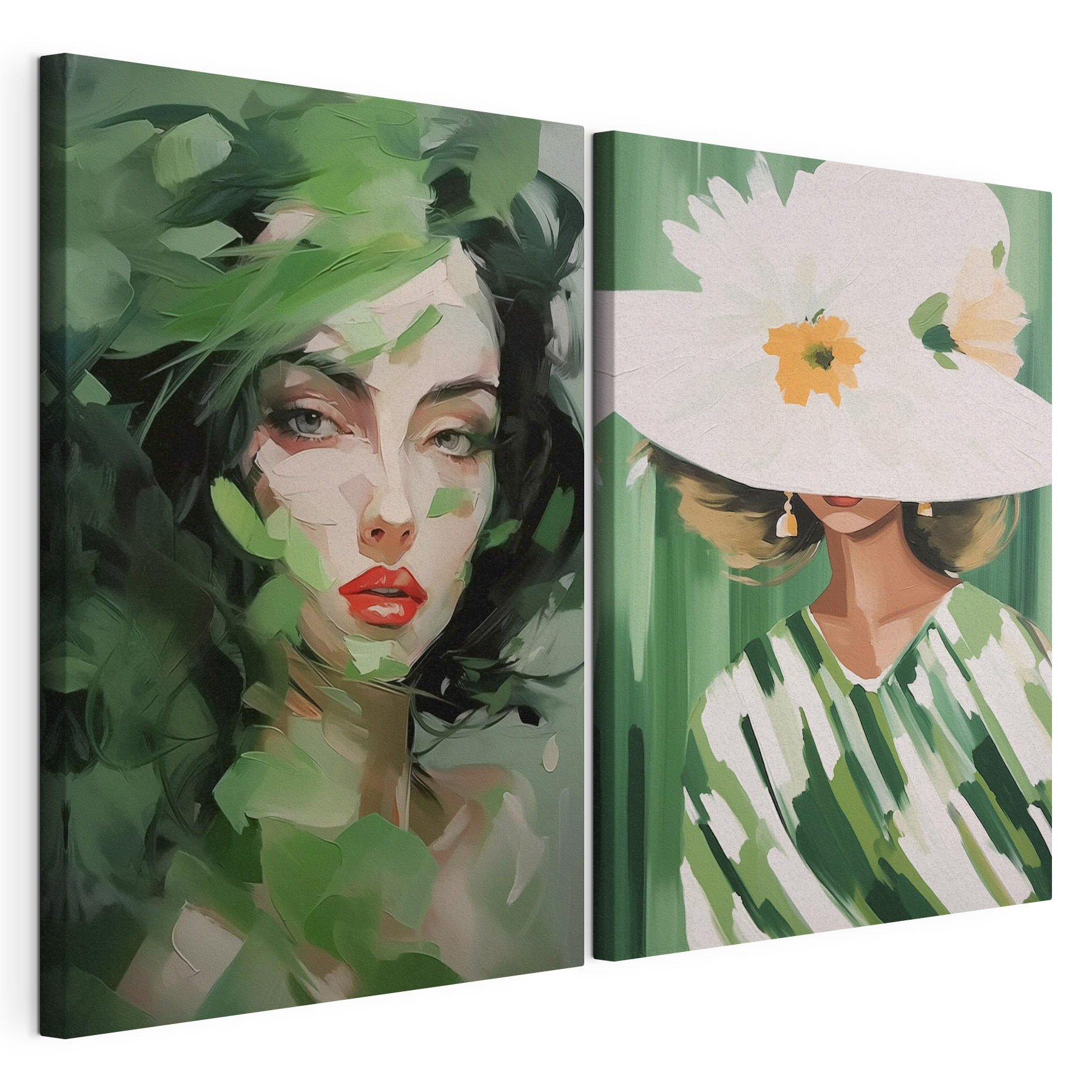 Two pictures of women with leaves