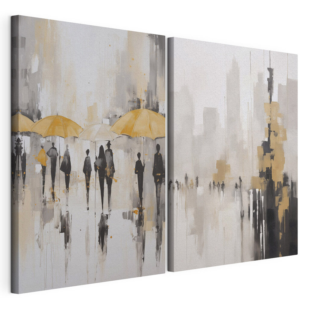Painting of people walking with umbrellas