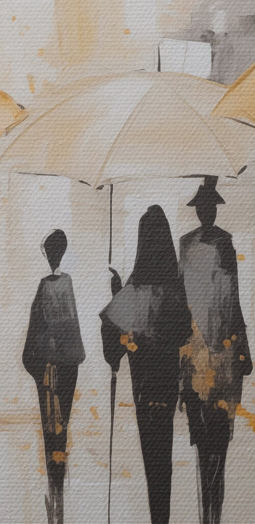 Painting of people walking with umbrellas