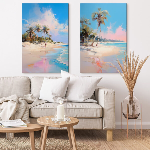 Painting of a beach and palm trees