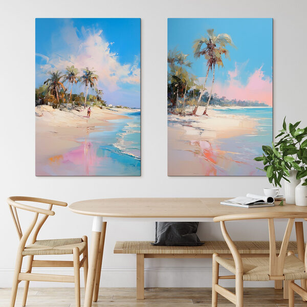 Painting of a beach and palm trees