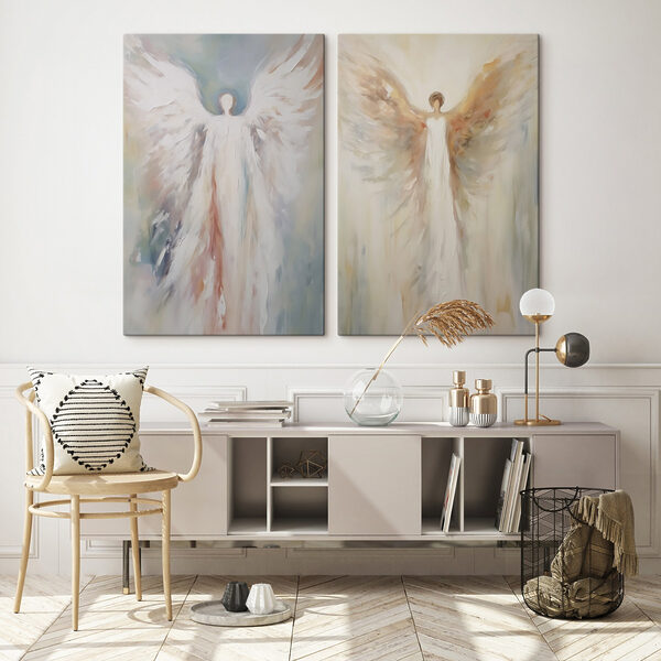 Two paintings of a person with wings