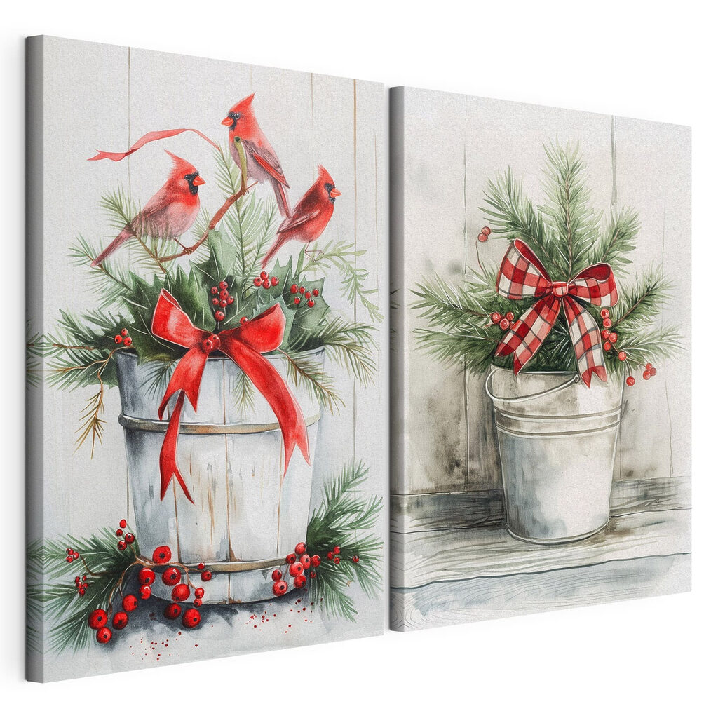 Two watercolor paintings of birds and a bucket of plants