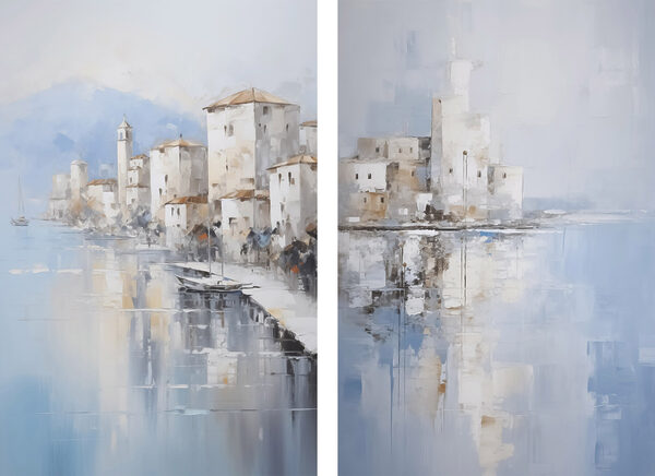 Painting of a city and a body of water