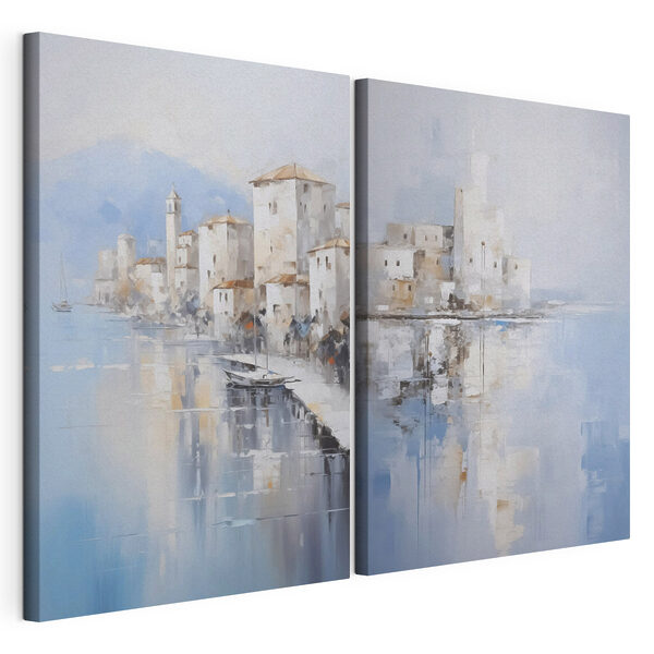 Painting of a city and a body of water