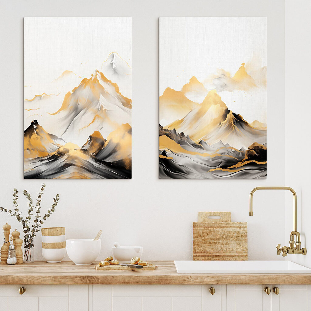 Painting of mountains and waves