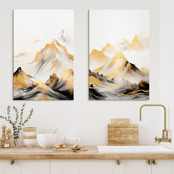 Painting of mountains and waves