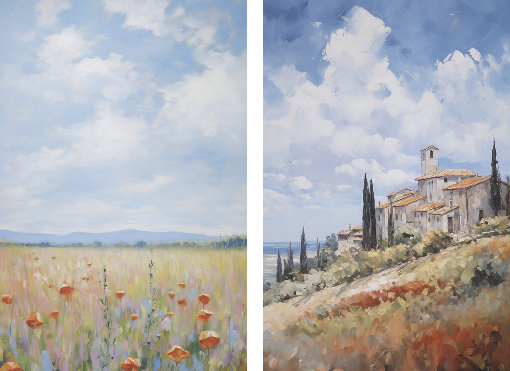 Painting of a landscape with a building and a field of flowers