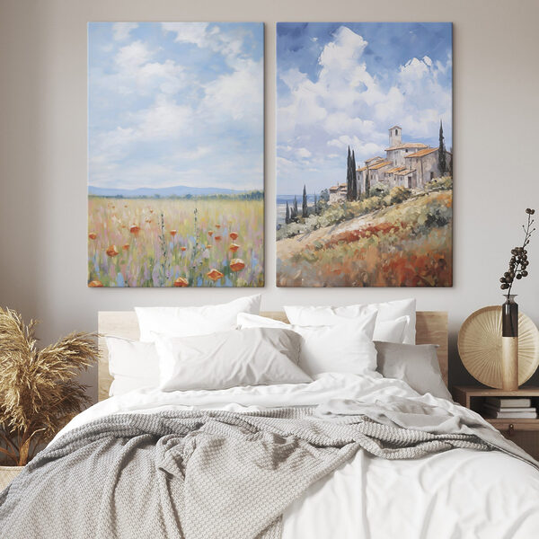 Painting of a landscape with a building and a field of flowers