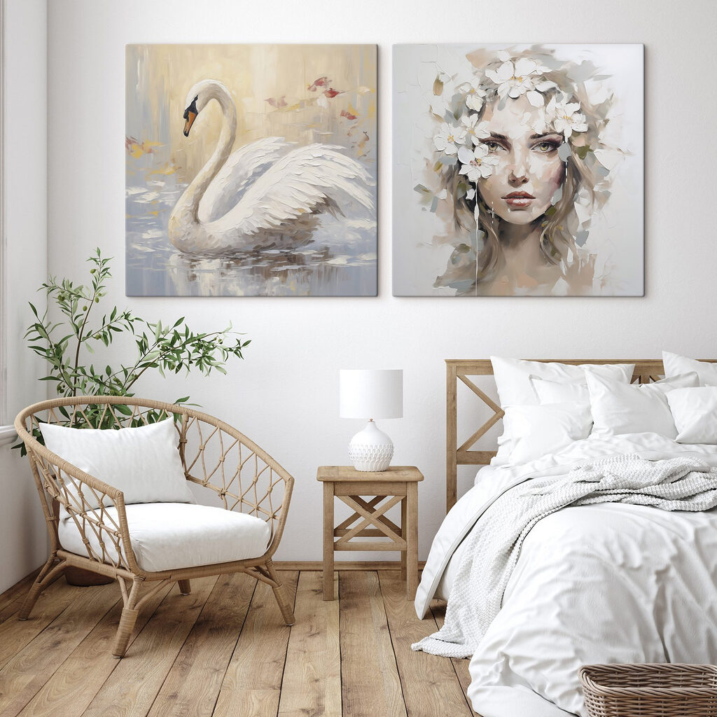 Painting of a woman with flowers in her hair and a swan
