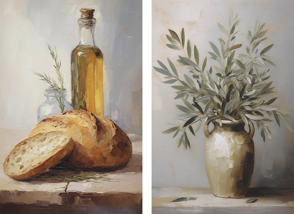 Painting of food and a vase of olive oil