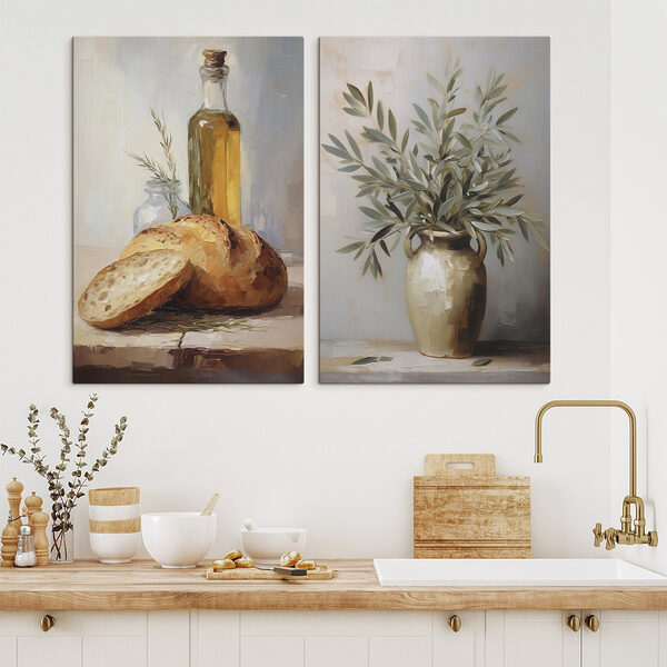 Painting of food and a vase of olive oil