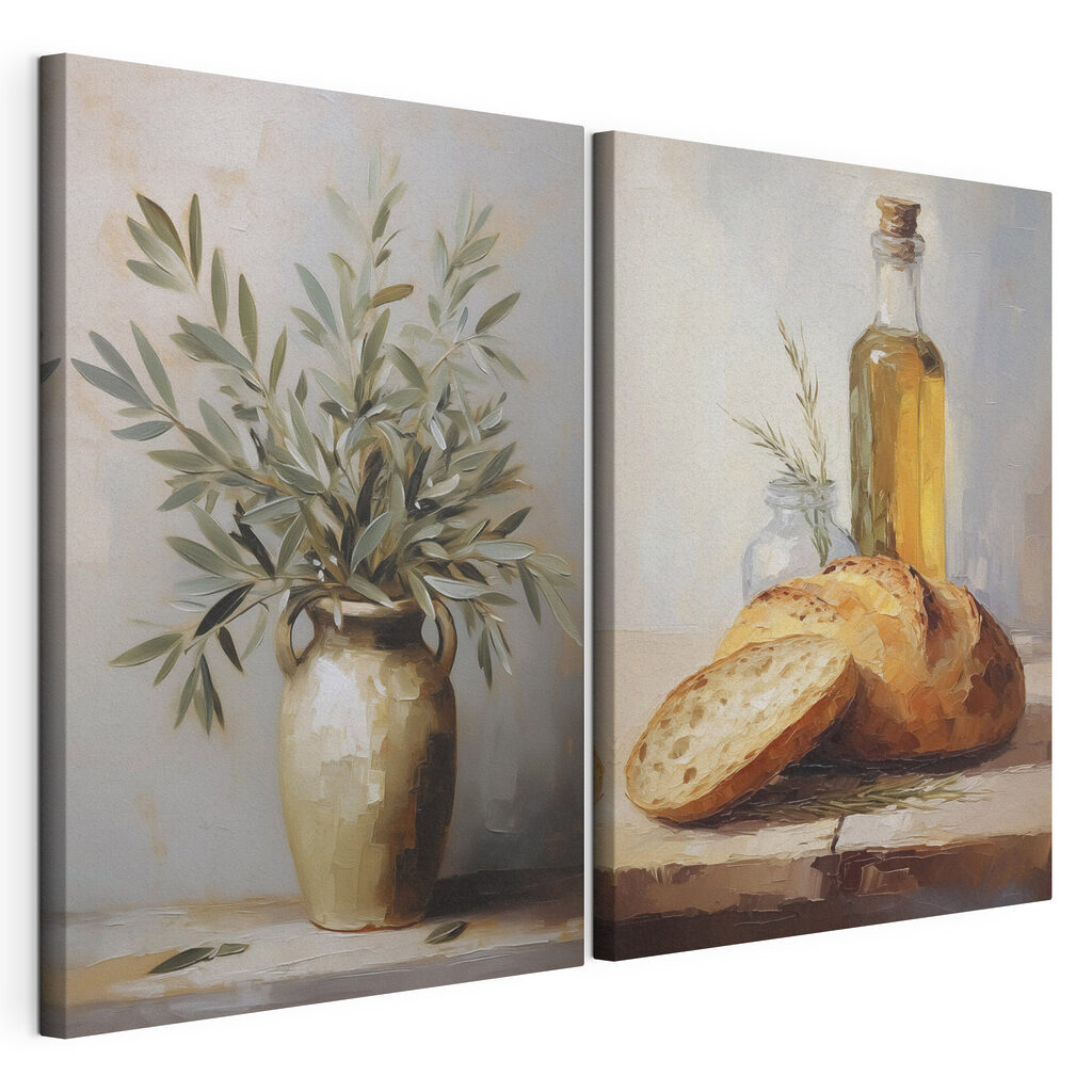 Painting of food and a vase of olive oil