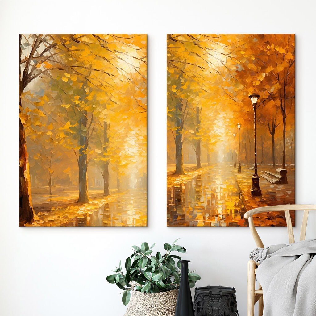 Painting of a street with trees and a lamp post