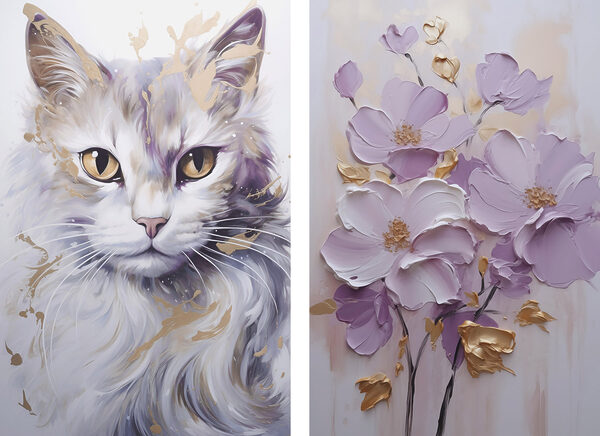 Painting of a cat and a painting of flowers