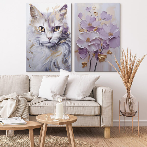 Painting of a cat and a painting of flowers