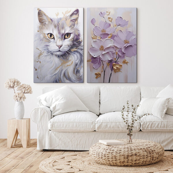 Painting of a cat and a painting of flowers