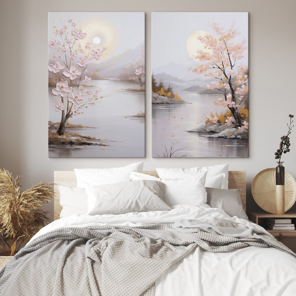 Painting of a river and a tree with pink flowers