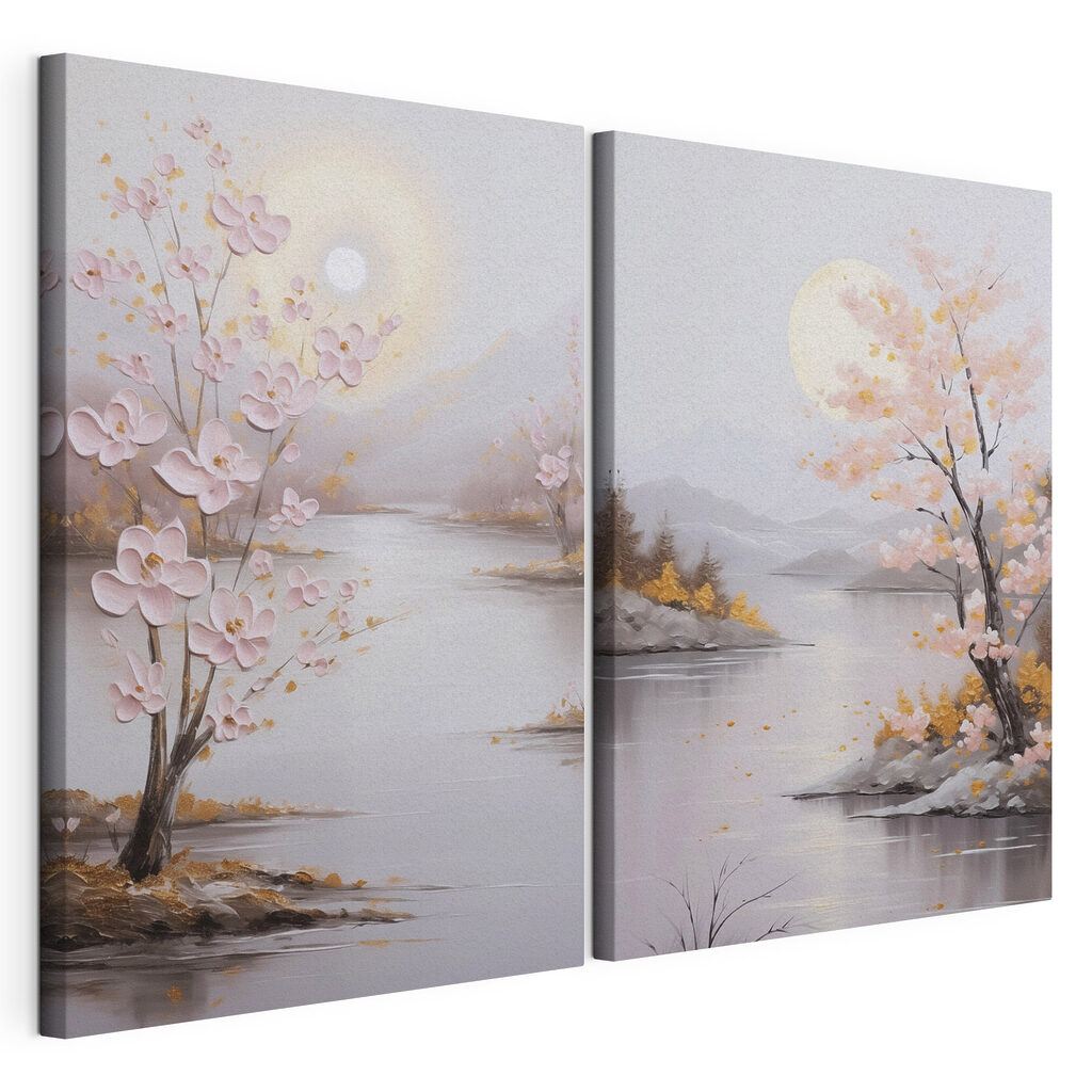 Painting of a river and a tree with pink flowers