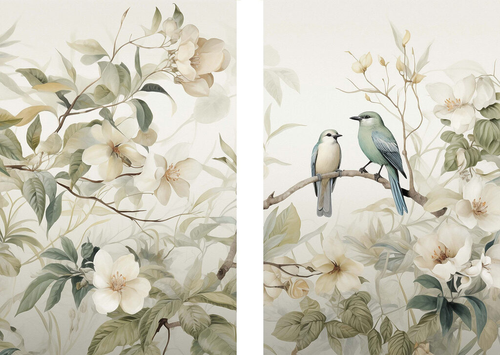 Two birds on a branch with flowers