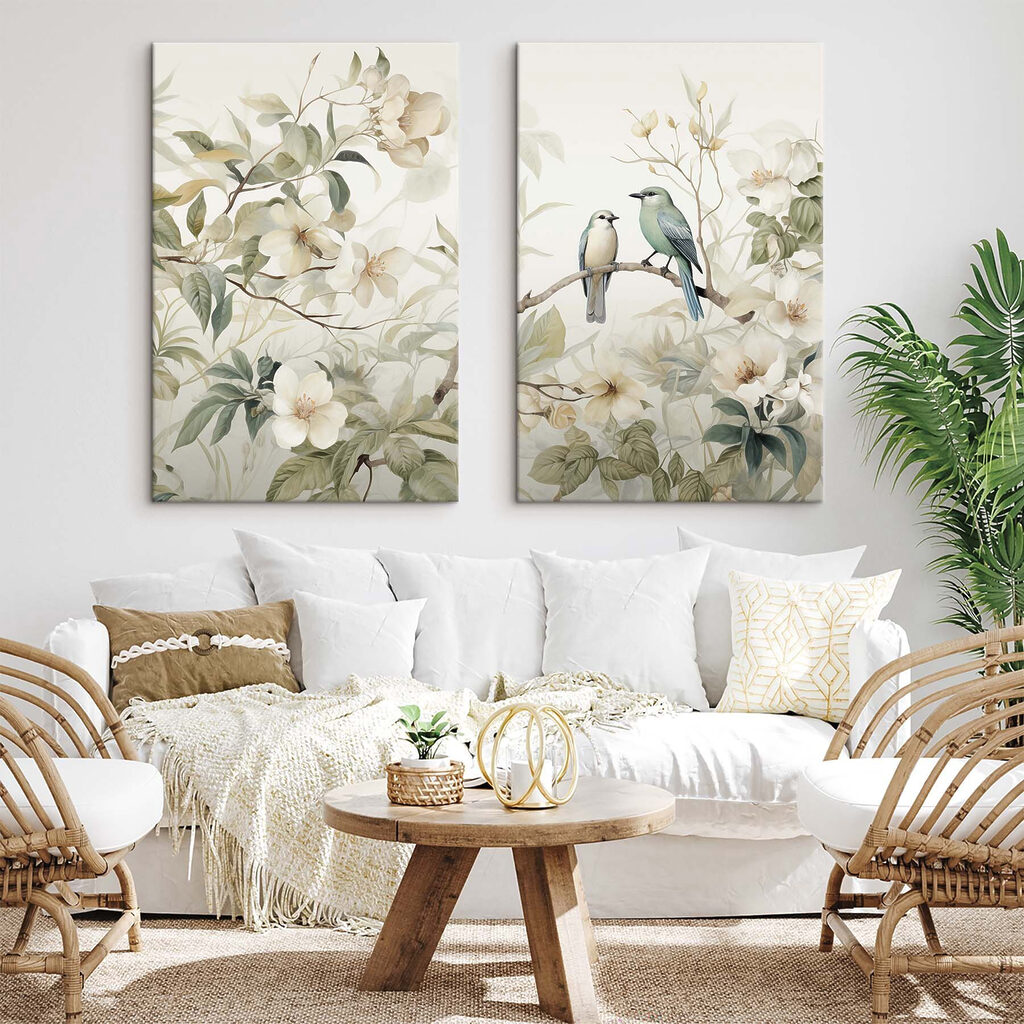 Two birds on a branch with flowers