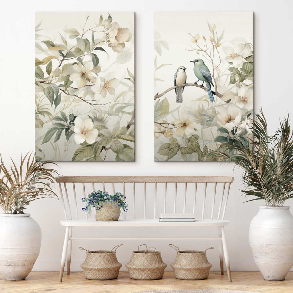Two birds on a branch with flowers