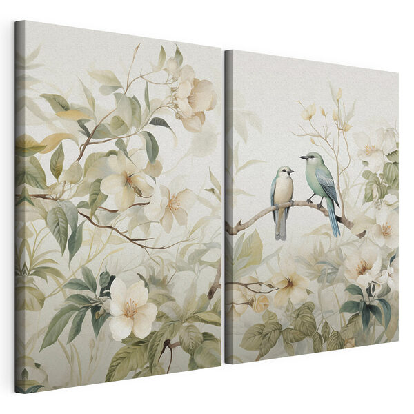 Two birds on a branch with flowers