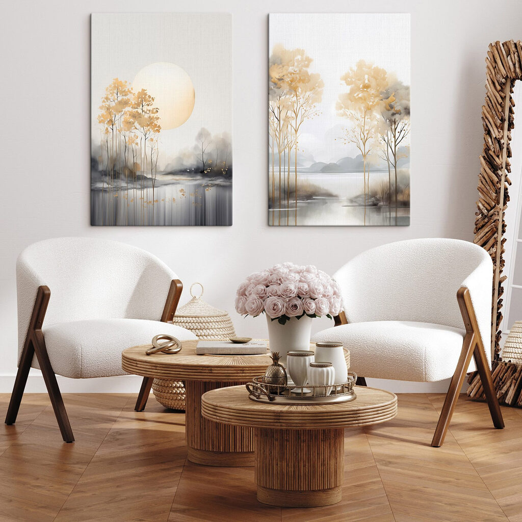Painting of trees and a lake