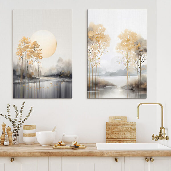 Painting of trees and a lake