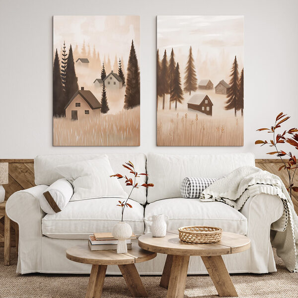 Painting of a village in the fog