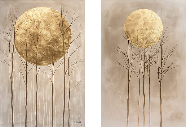 Two paintings of trees and the moon