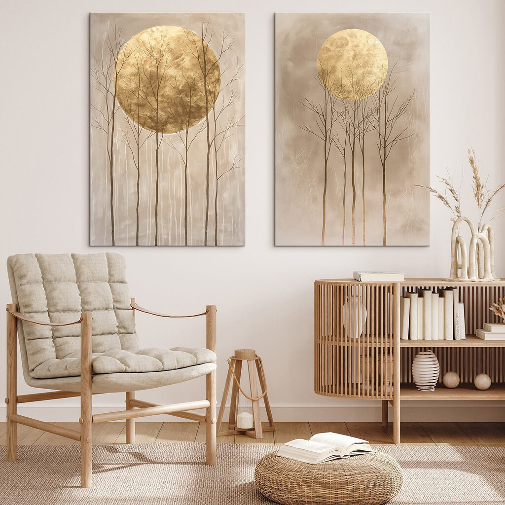 Two paintings of trees and the moon