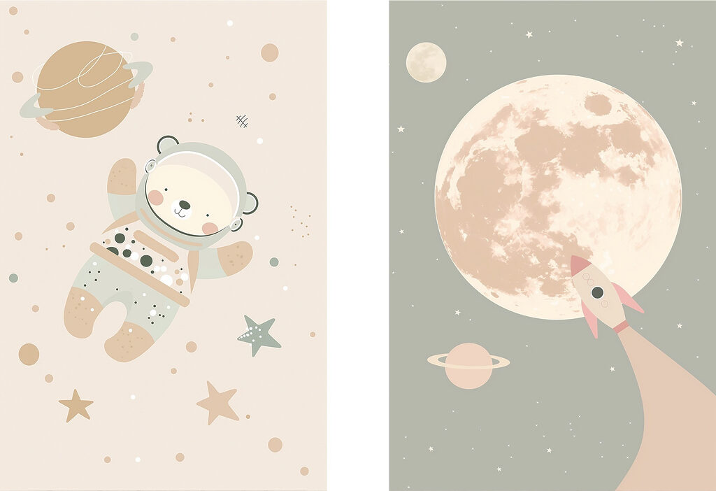Two posters of a bear and a rocket in space