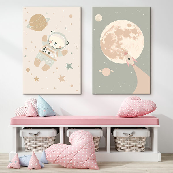Two posters of a bear and a rocket in space