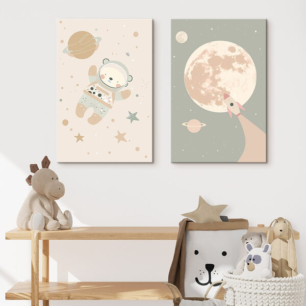Two posters of a bear and a rocket in space