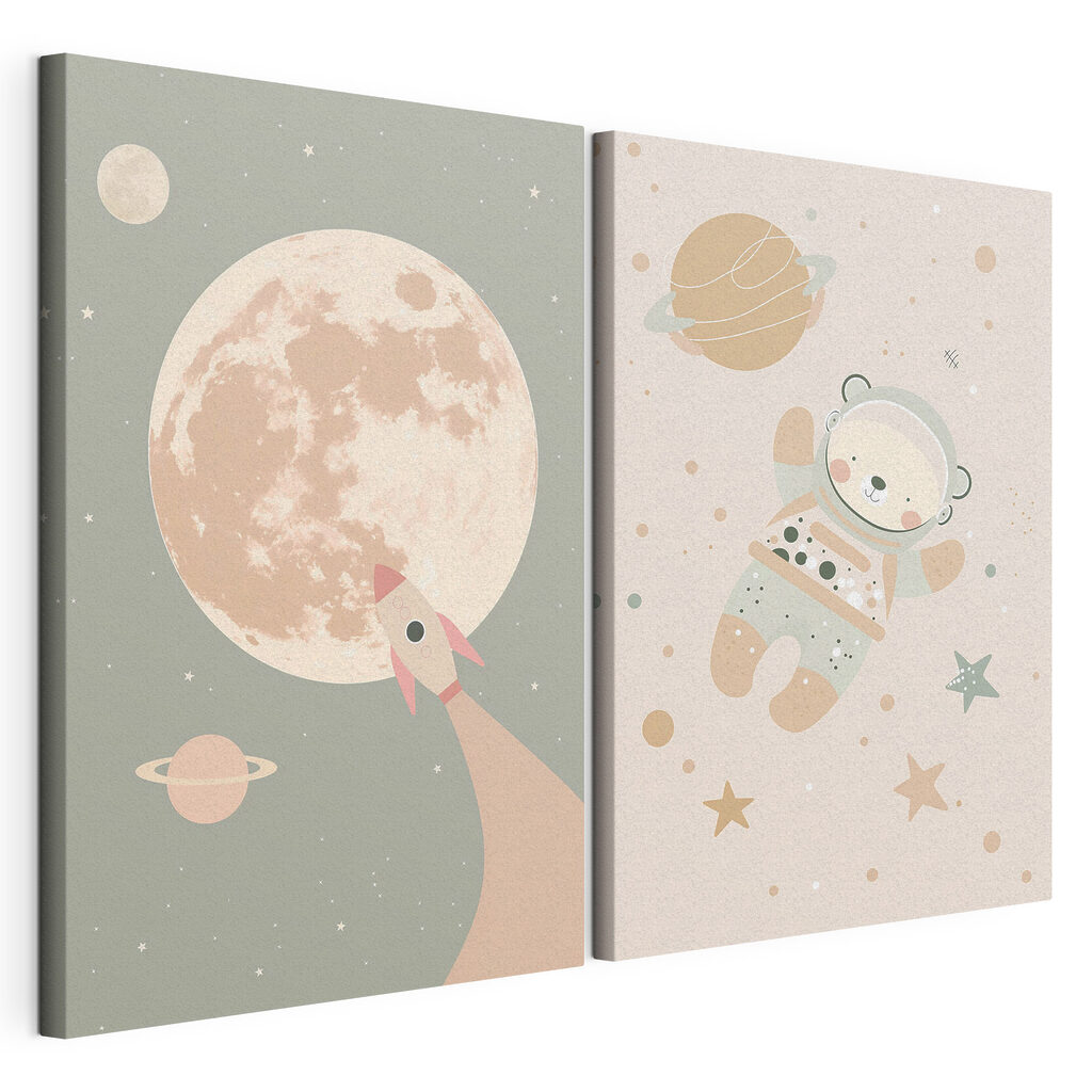 Two posters of a bear and a rocket in space