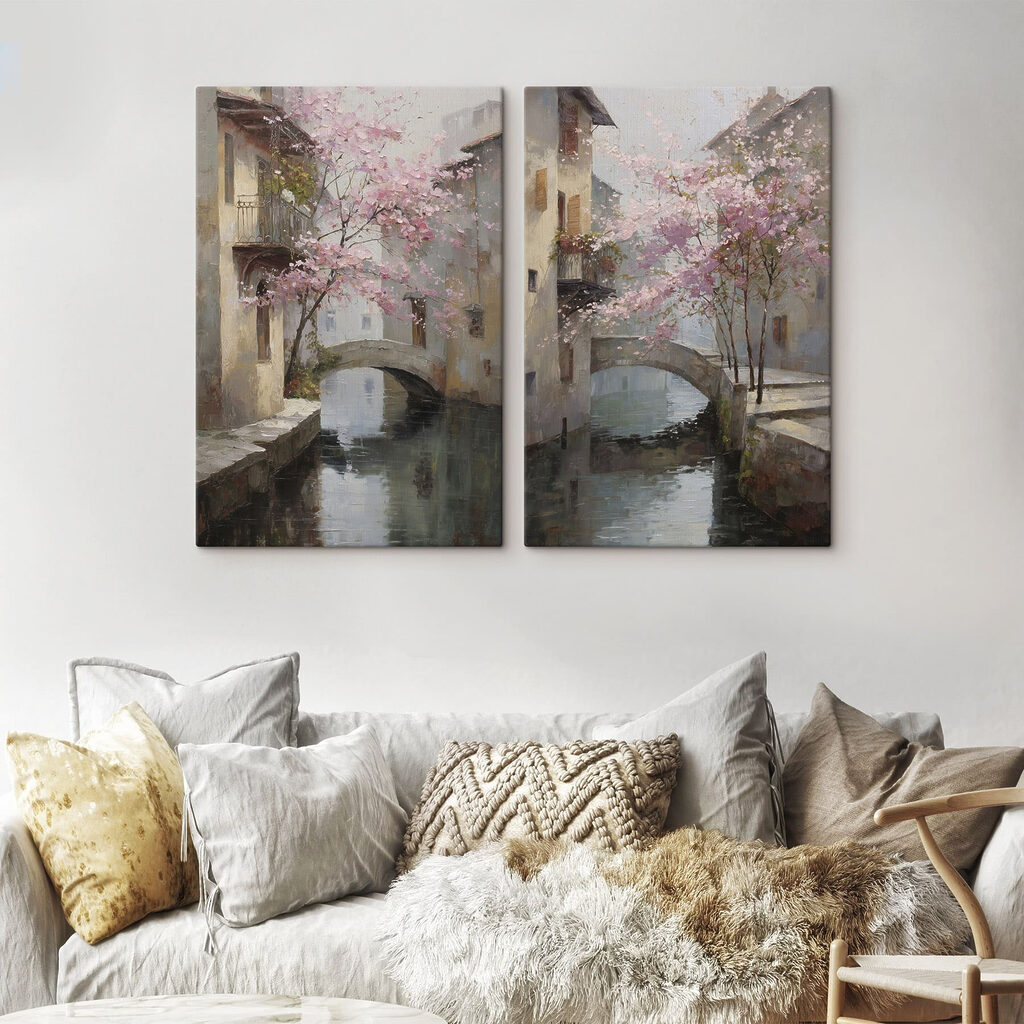 Painting of a bridge over a river