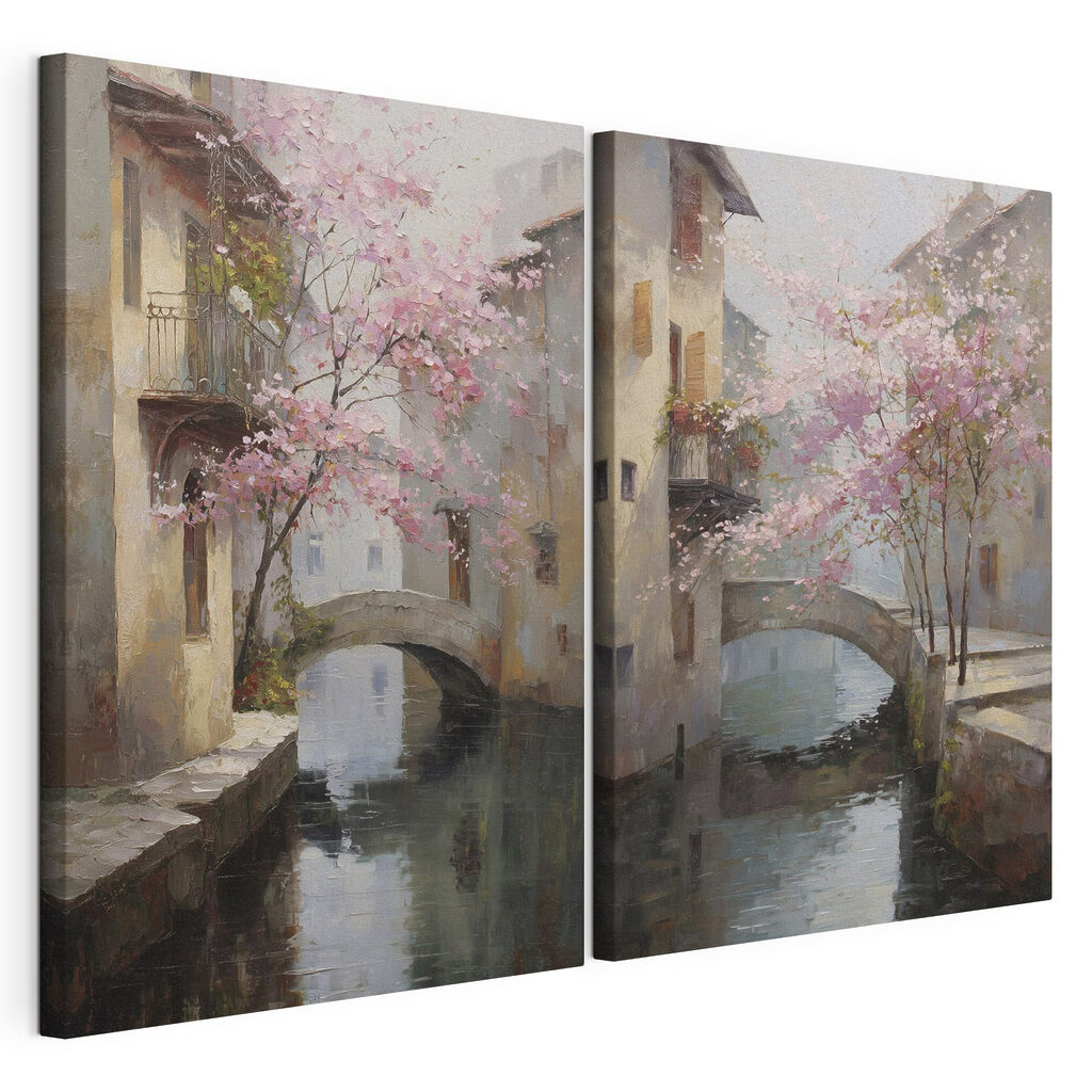 Painting of a bridge over a river