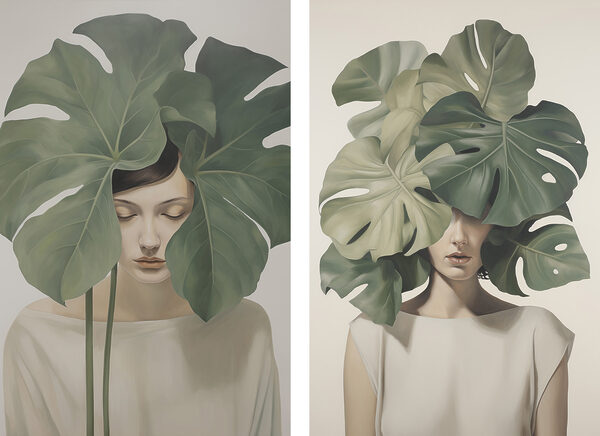 Two images of a woman with leaves on her head