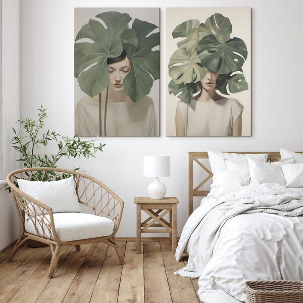 Two images of a woman with leaves on her head