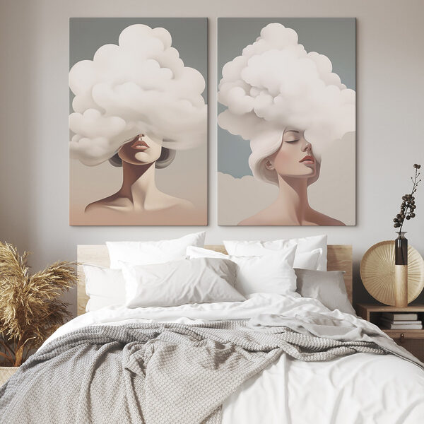 Woman with white hair and clouds on her head