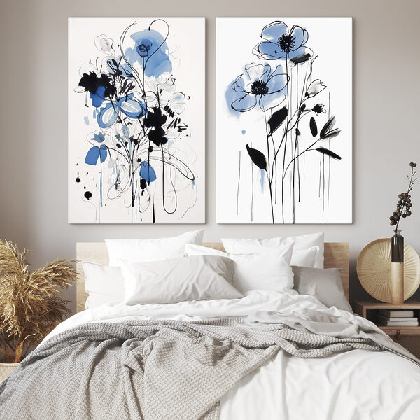 Painting of flowers with black and blue paint