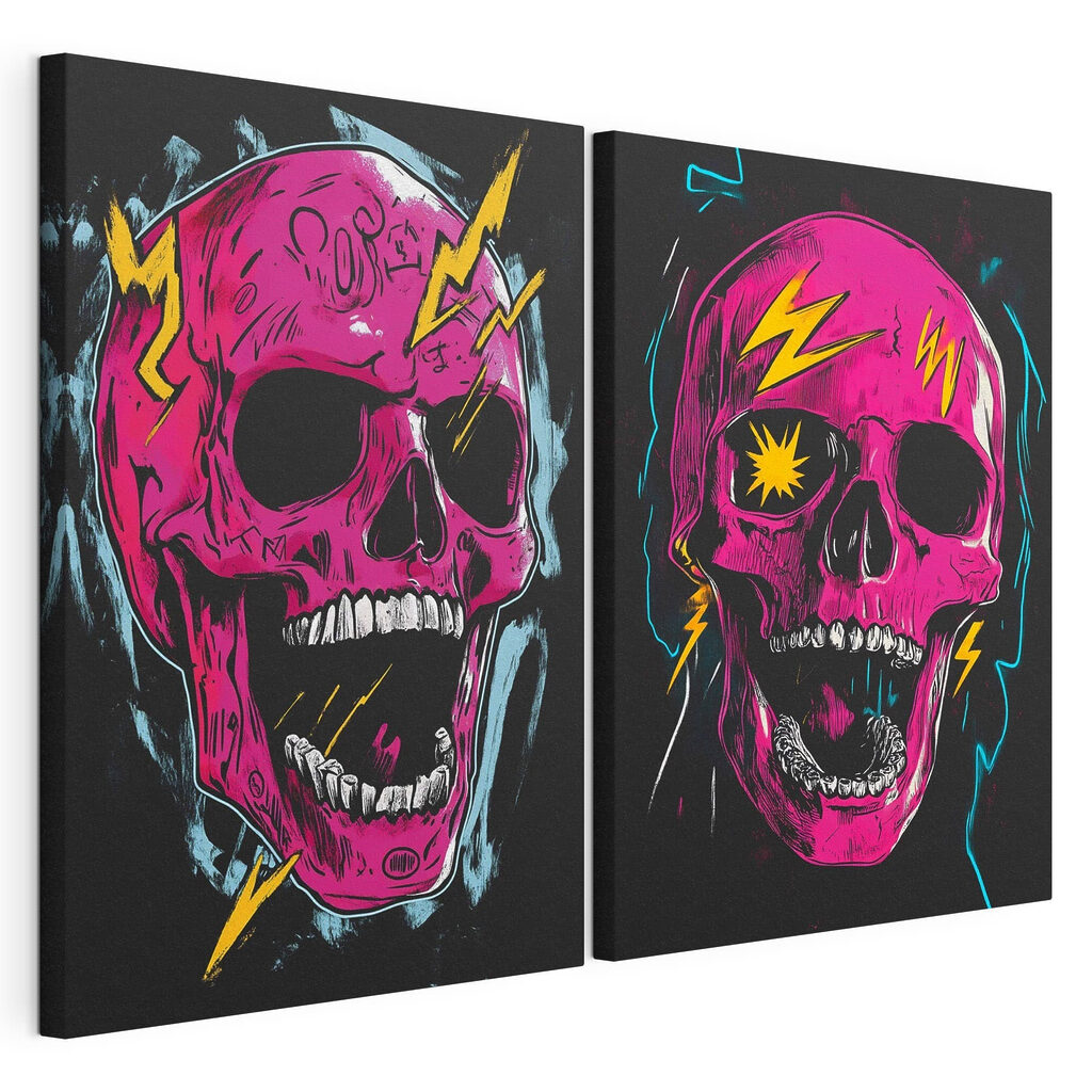 Collage of a pink skull with lightning bolts