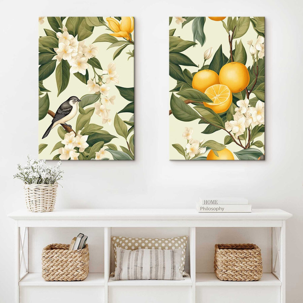 Two images of oranges and flowers