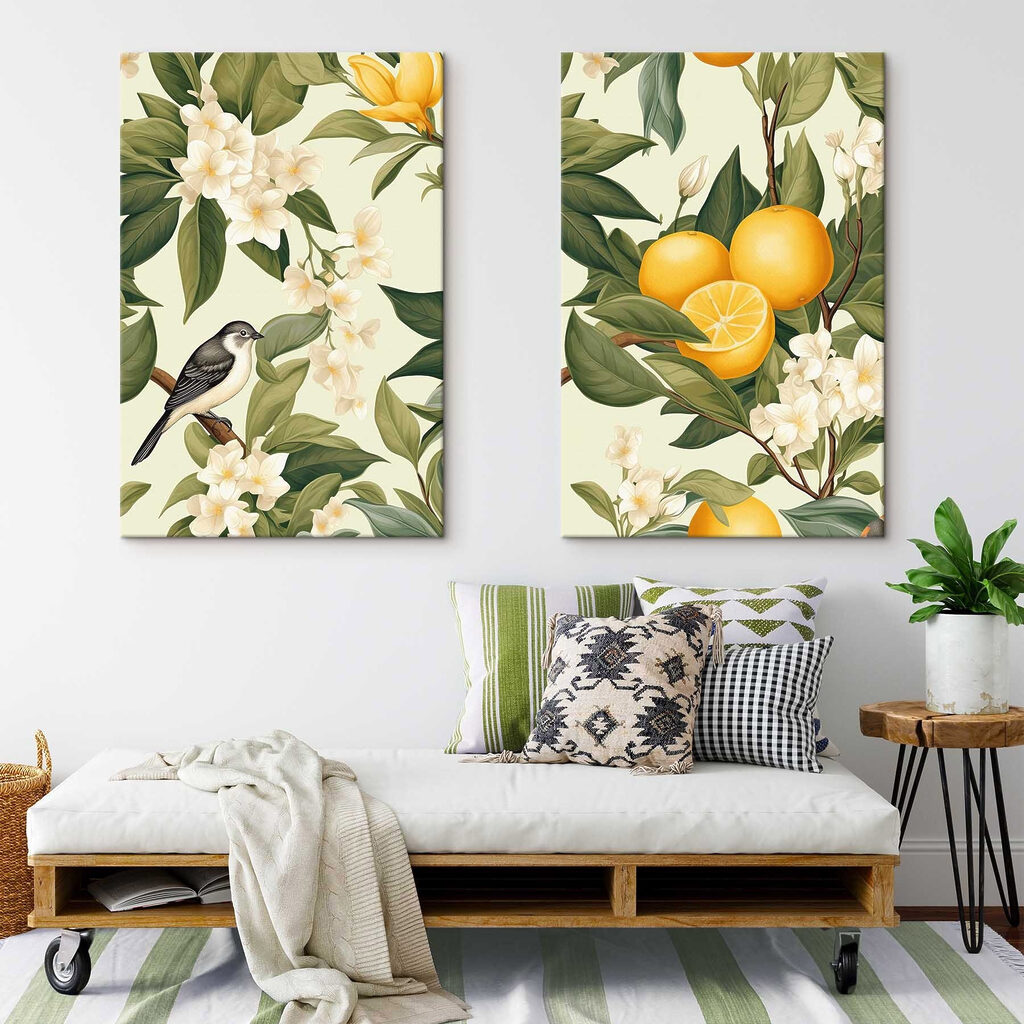 Two images of oranges and flowers