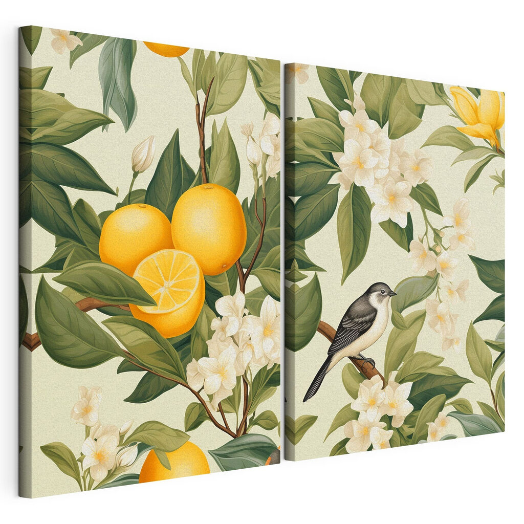 Two images of oranges and flowers