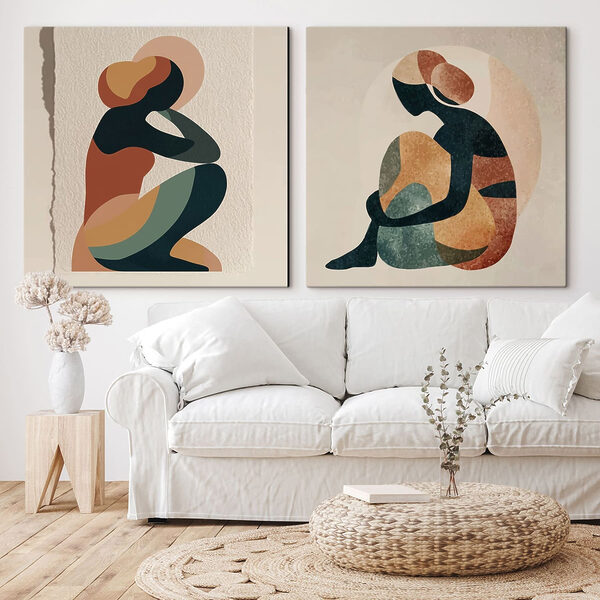 Two art pieces of a woman sitting down