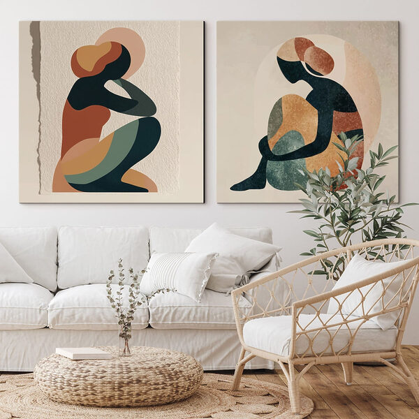 Two art pieces of a woman sitting down